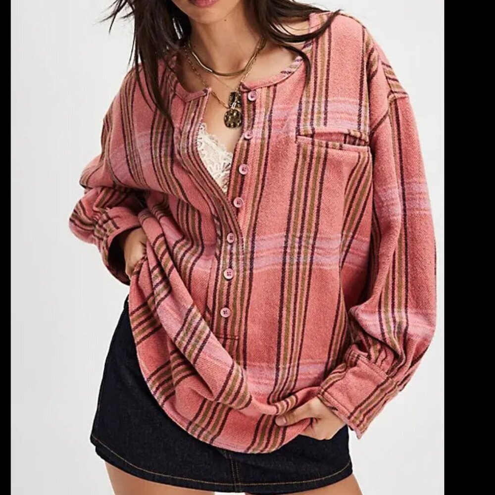 NWT Free People Perfect Plaid Pullover in Pink Combo